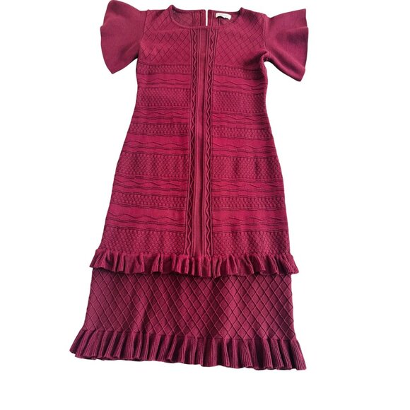 Bohme Knit Textured Burgundy Dress With Ruffle Trim & Puff Sleeves .Size L - Picture 9 of 10